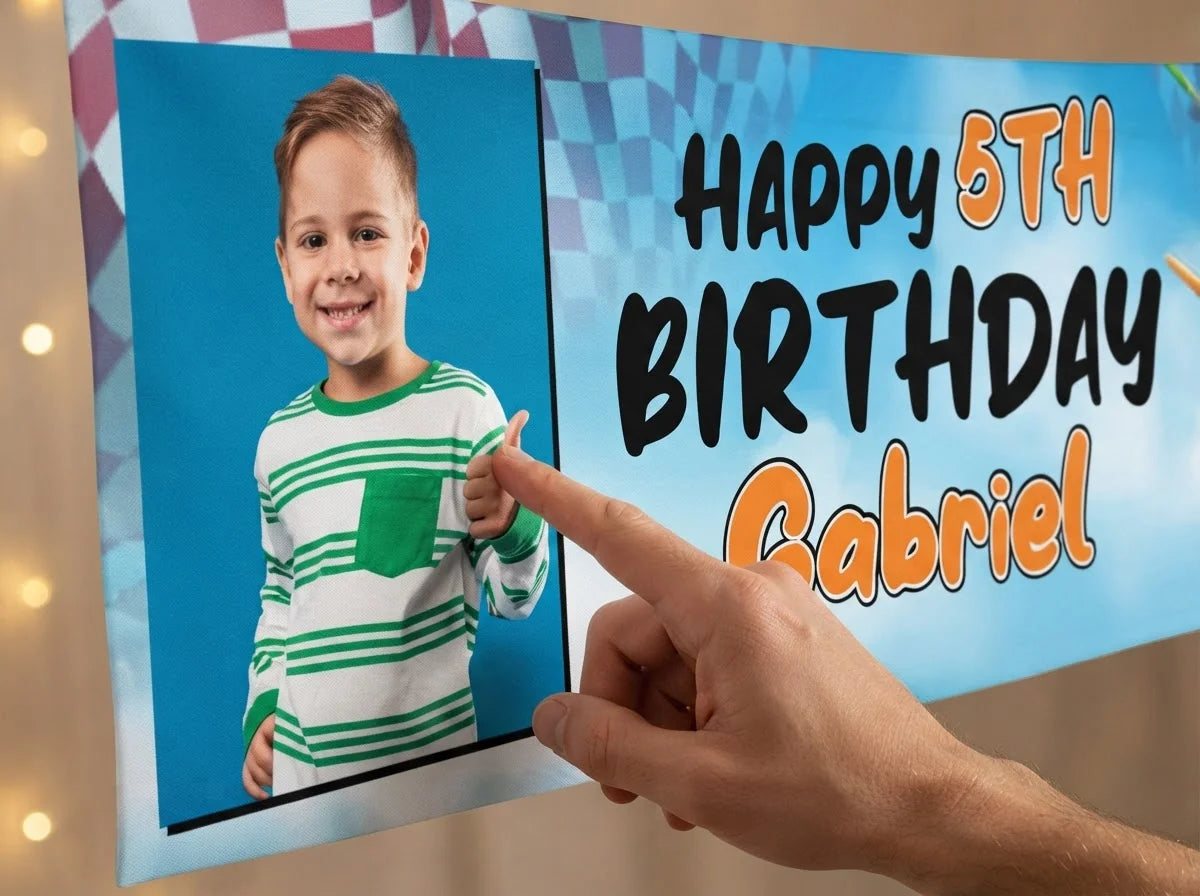 Close-up of the personalised name and photo printed on the Planes Birthday Banner