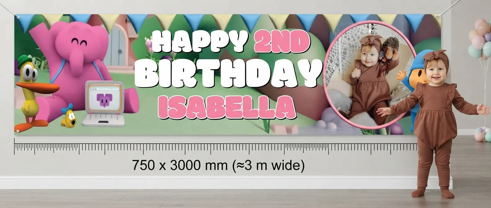 Person standing beside the Pocoyo Birthday Banner for scale, with size guide showing 750 x 3000 mm