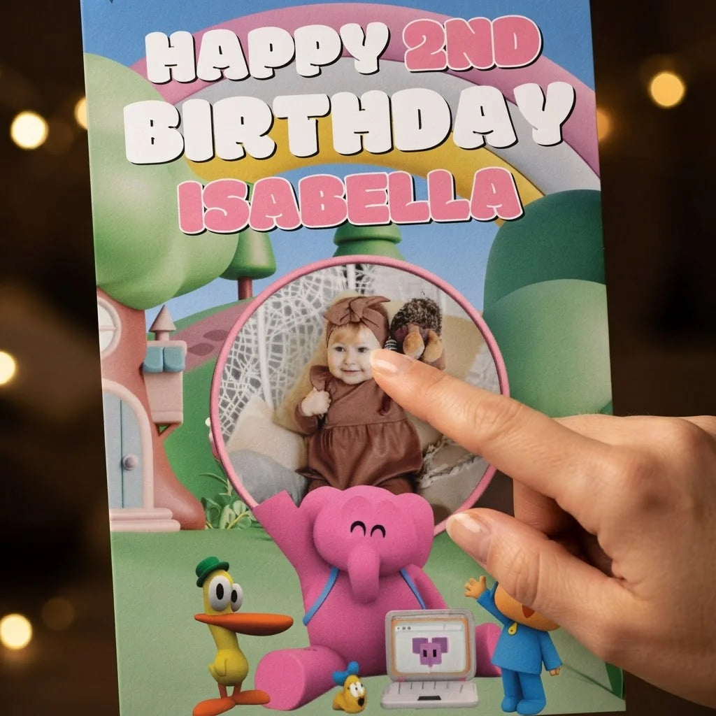 Close-up of the personalised name and photo printed on the Pocoyo Mega Card