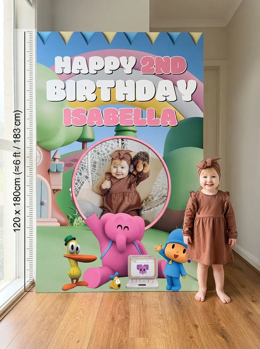 Person standing beside the Pocoyo Mega Card for scale in a size guide