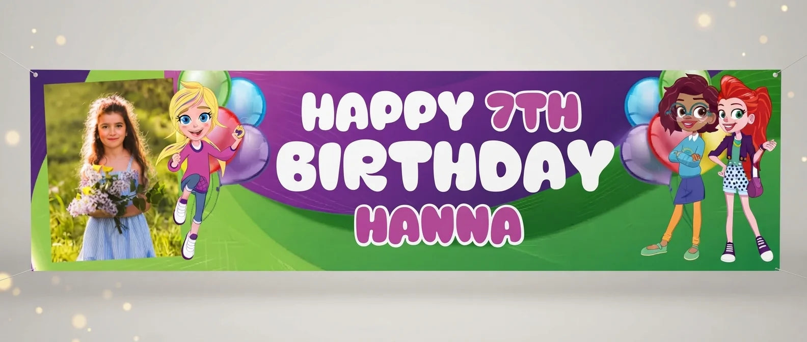 Personalised Polly Pocket Birthday Banner displayed against a plain studio background