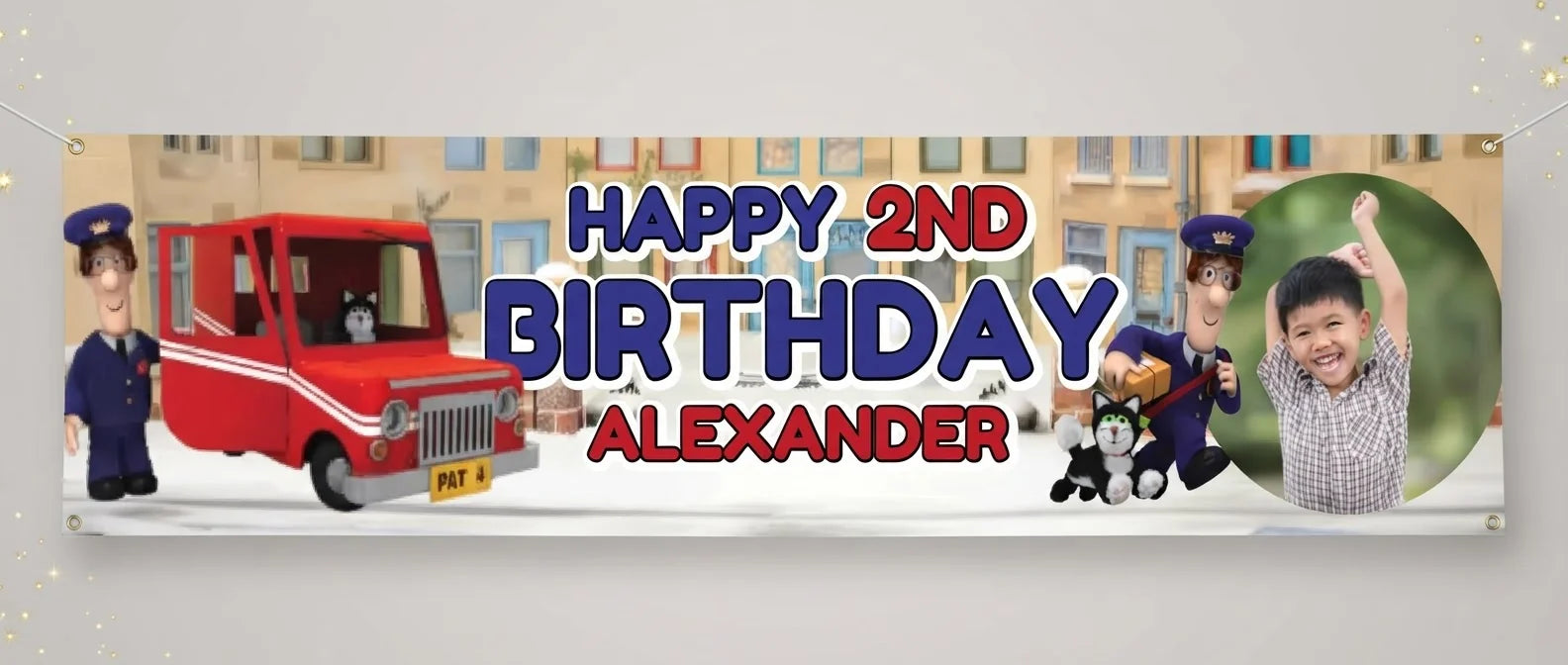 Personalised Postman Pat Birthday Banner displayed against a plain studio background