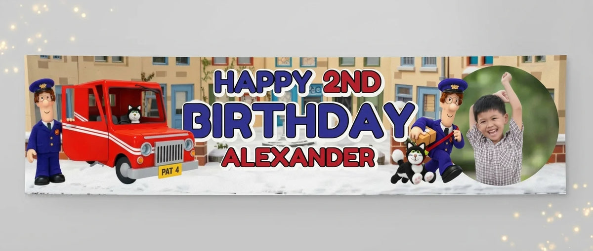 Personalised Postman Pat Birthday Banner displayed against a plain studio background