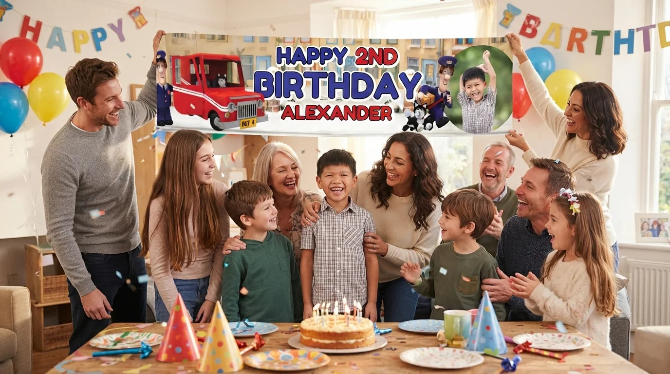 Friends and family celebrating with the personalised Postman Pat Birthday Banner