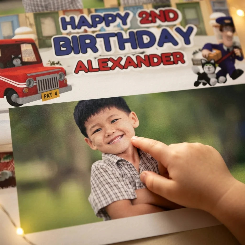 Close-up of the personalised name and photo printed on the Postman Pat Mega Card