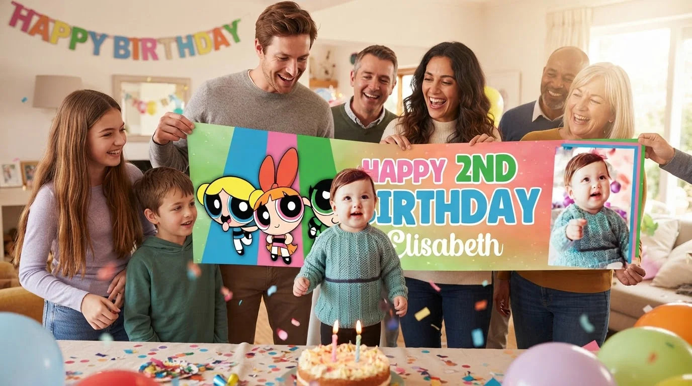 Friends and family celebrating with the personalised Powerpuff Girls Birthday Banner