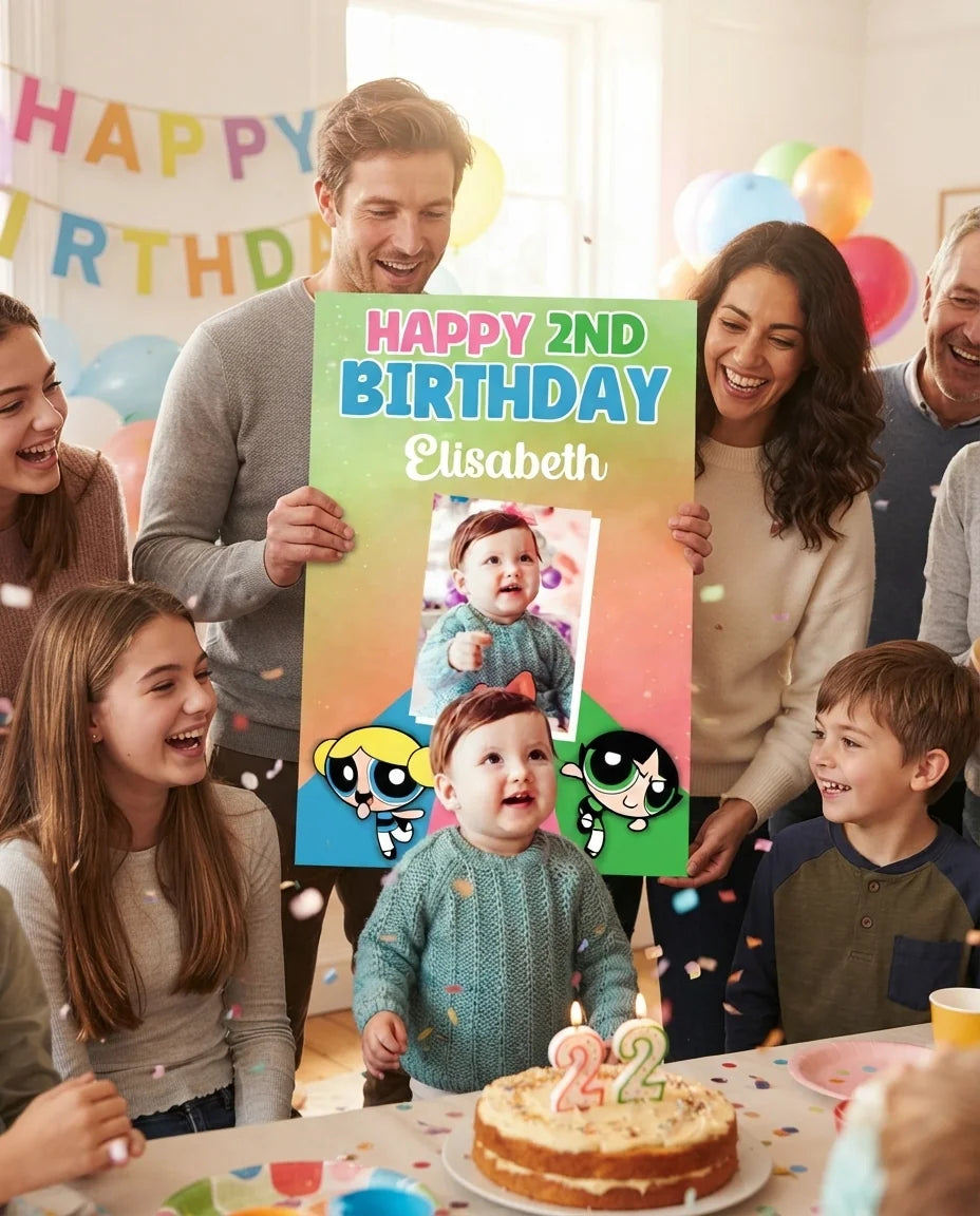 Friends and family celebrating with the personalised Powerpuff Girls Mega Card