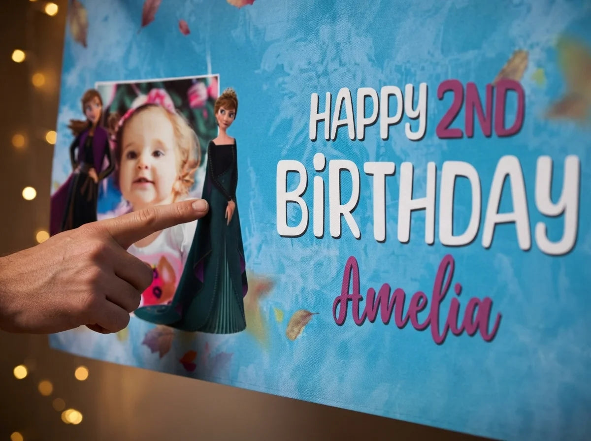 Close-up of the personalised name and photo printed on the Princess Anna Birthday Banner