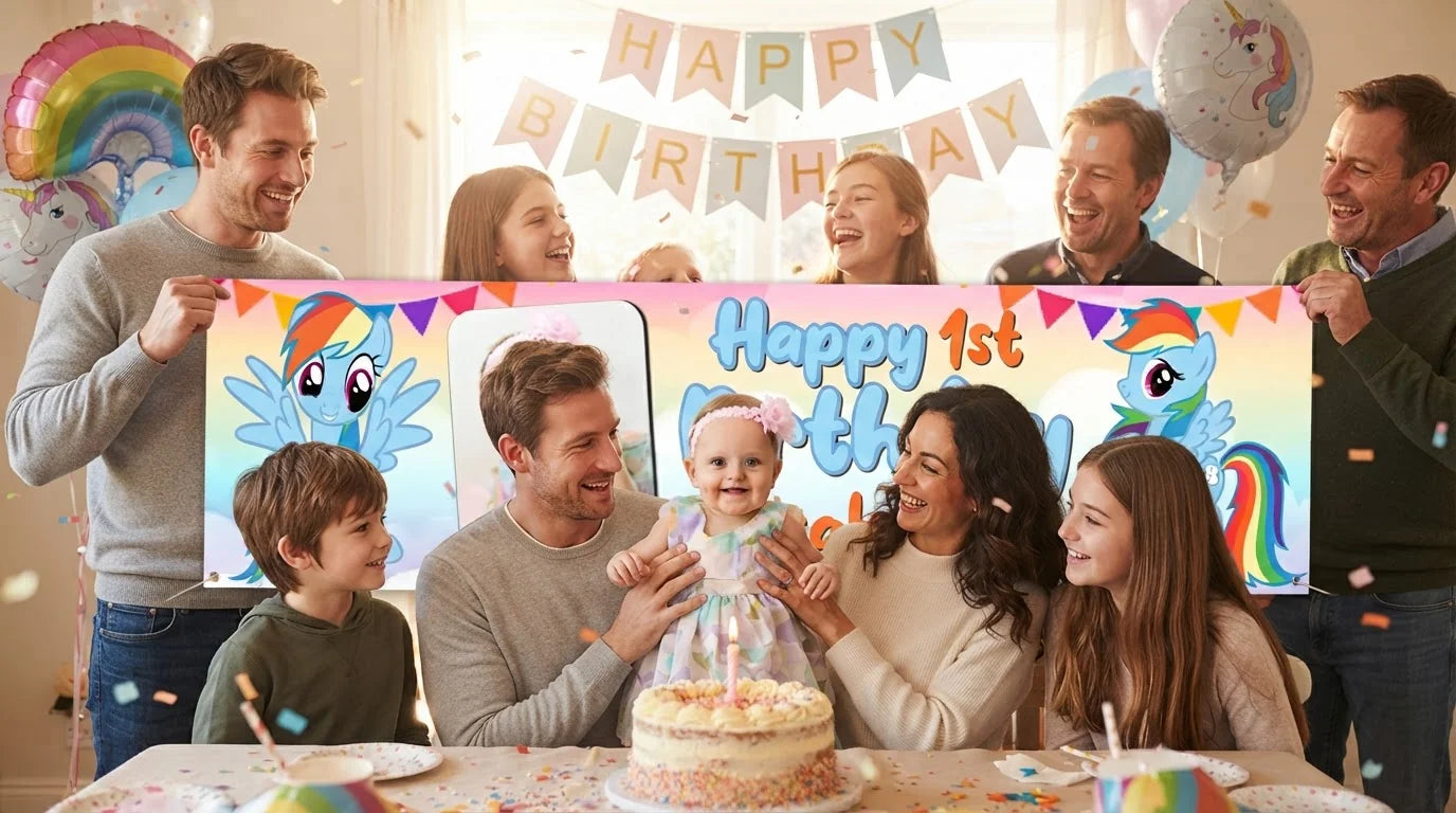 Friends and family celebrating with the personalised Rainbow Dash Birthday Banner