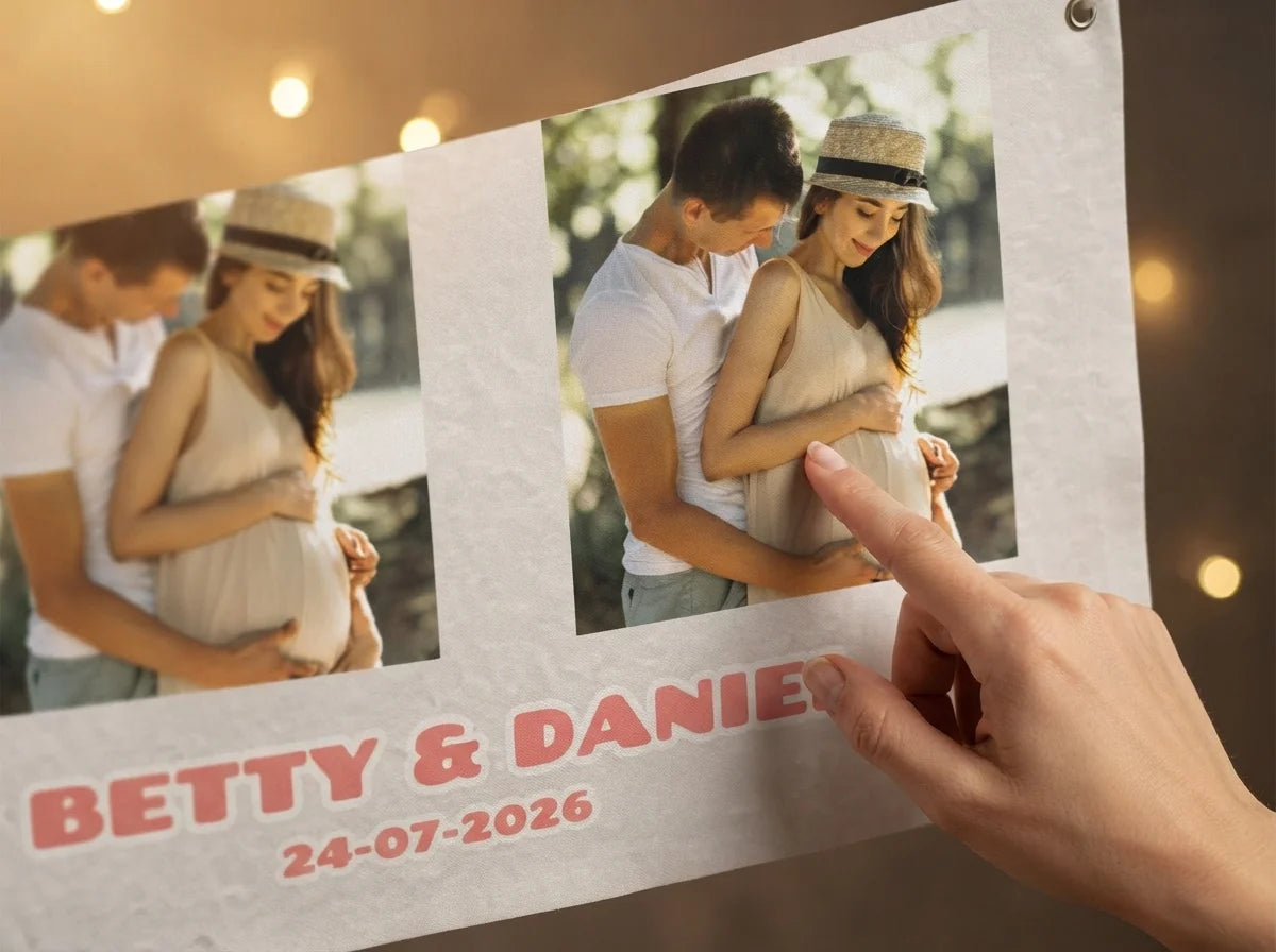 Close-up of the personalised name and photo printed on the Ready to Pop Baby Shower Party Banner