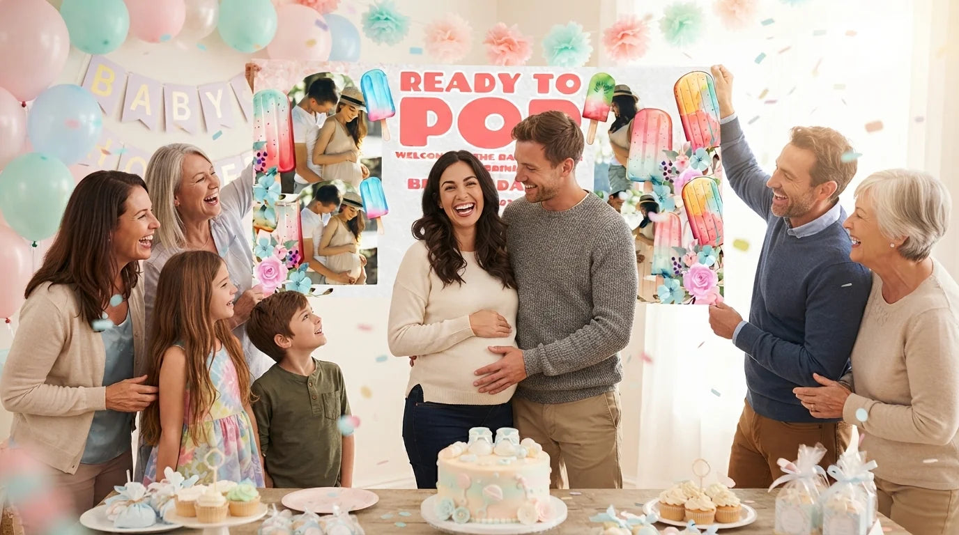 Friends and family celebrating with the personalised Ready to Pop Baby Shower Party Banner