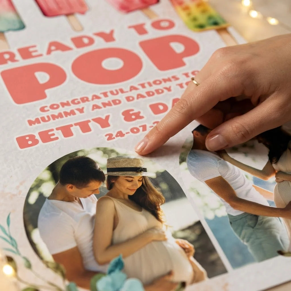 Close-up of the personalised name and photo printed on the Ready to Pop Baby Shower Party Mega Card