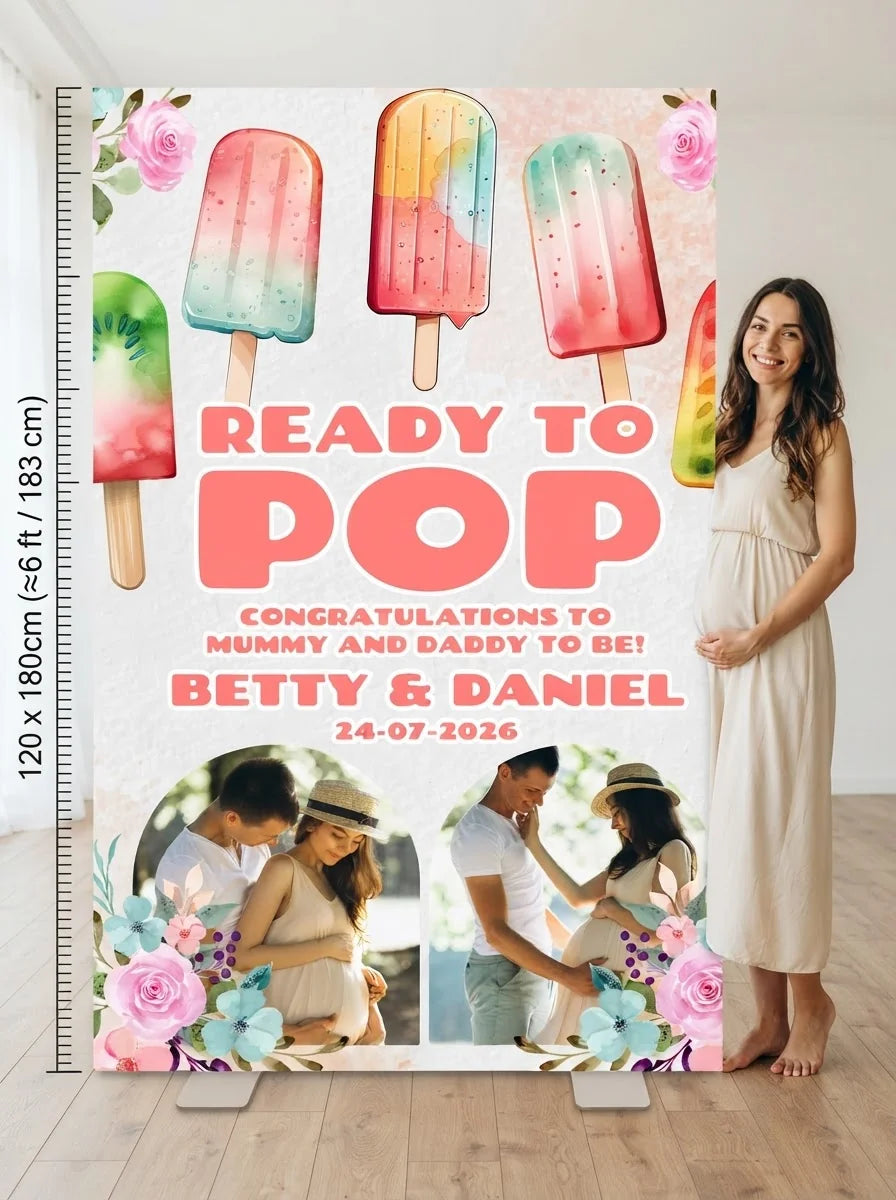 Person standing beside the Ready to Pop Baby Shower Party Mega Card for scale in a size guide