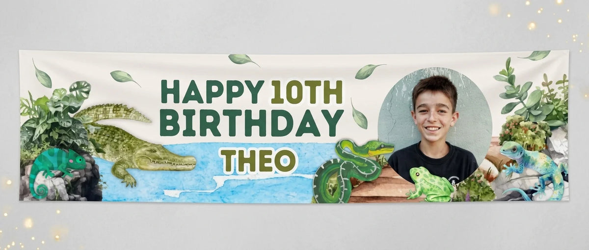 Personalised Reptiles Birthday Party Banner displayed against a plain studio background
