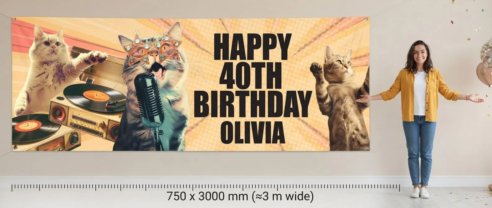 Person standing beside the Retro Cat Disco Birthday Party Banner for scale, with size guide showing 750 x 3000 mm
