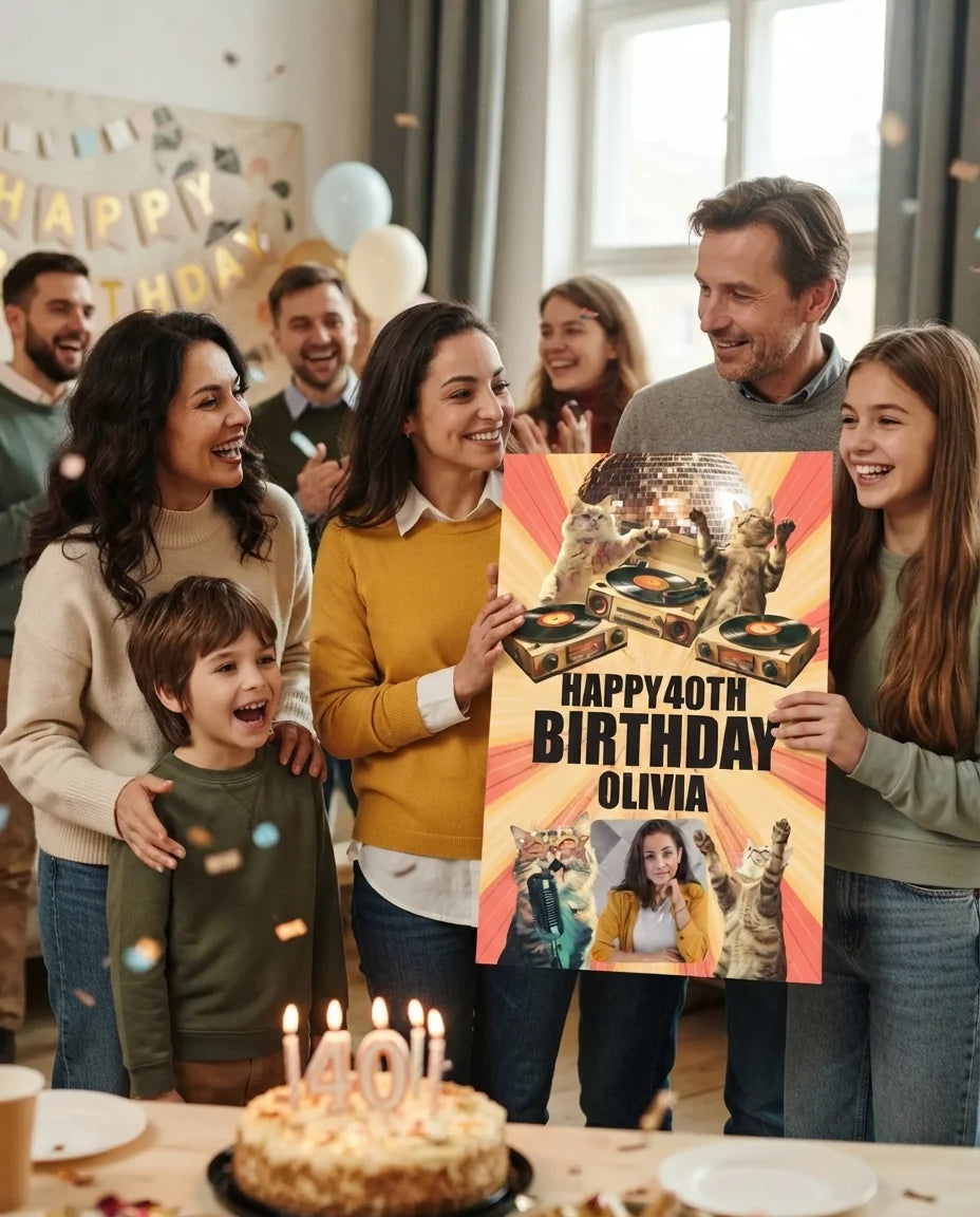 Friends and family celebrating with the personalised Retro Cat Disco Birthday Party Mega Card