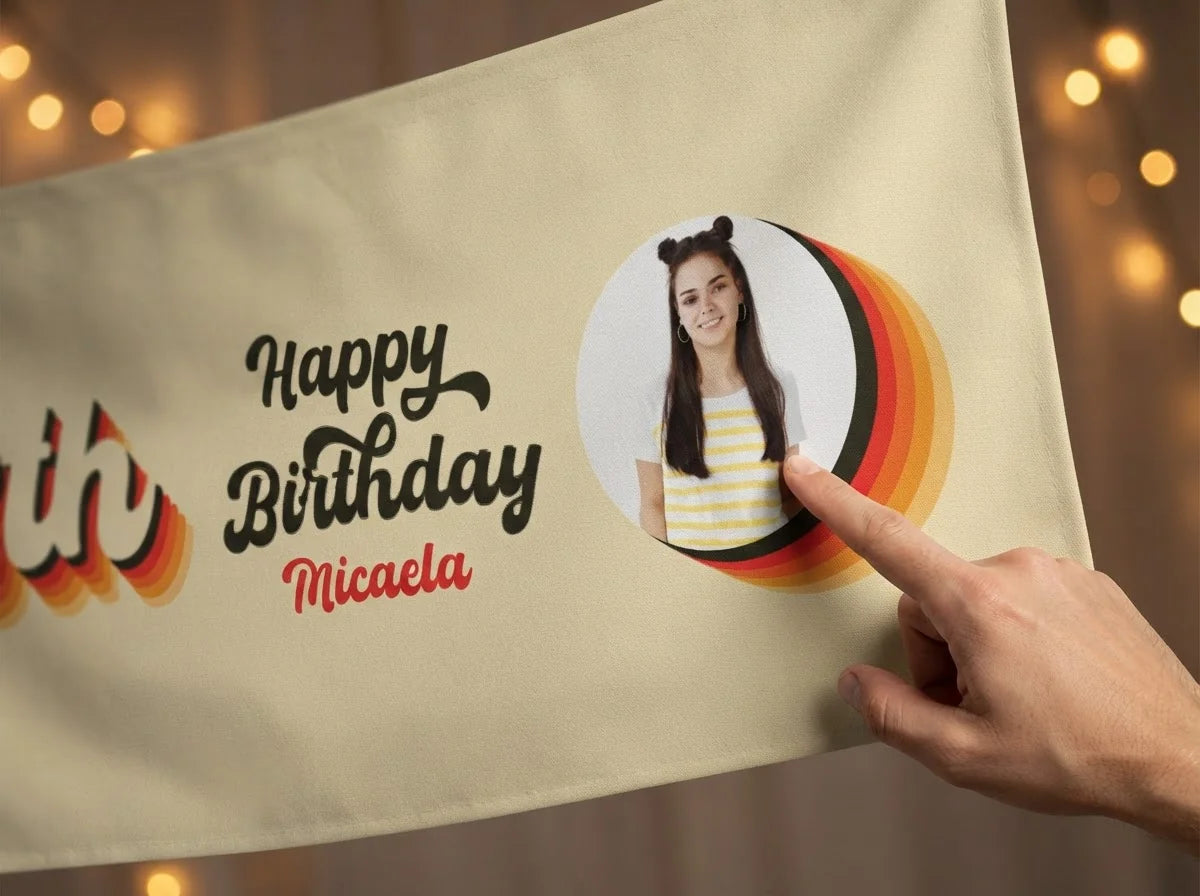 Close-up of the personalised name and photo printed on the Retro Colors Theme Birthday Party Banner