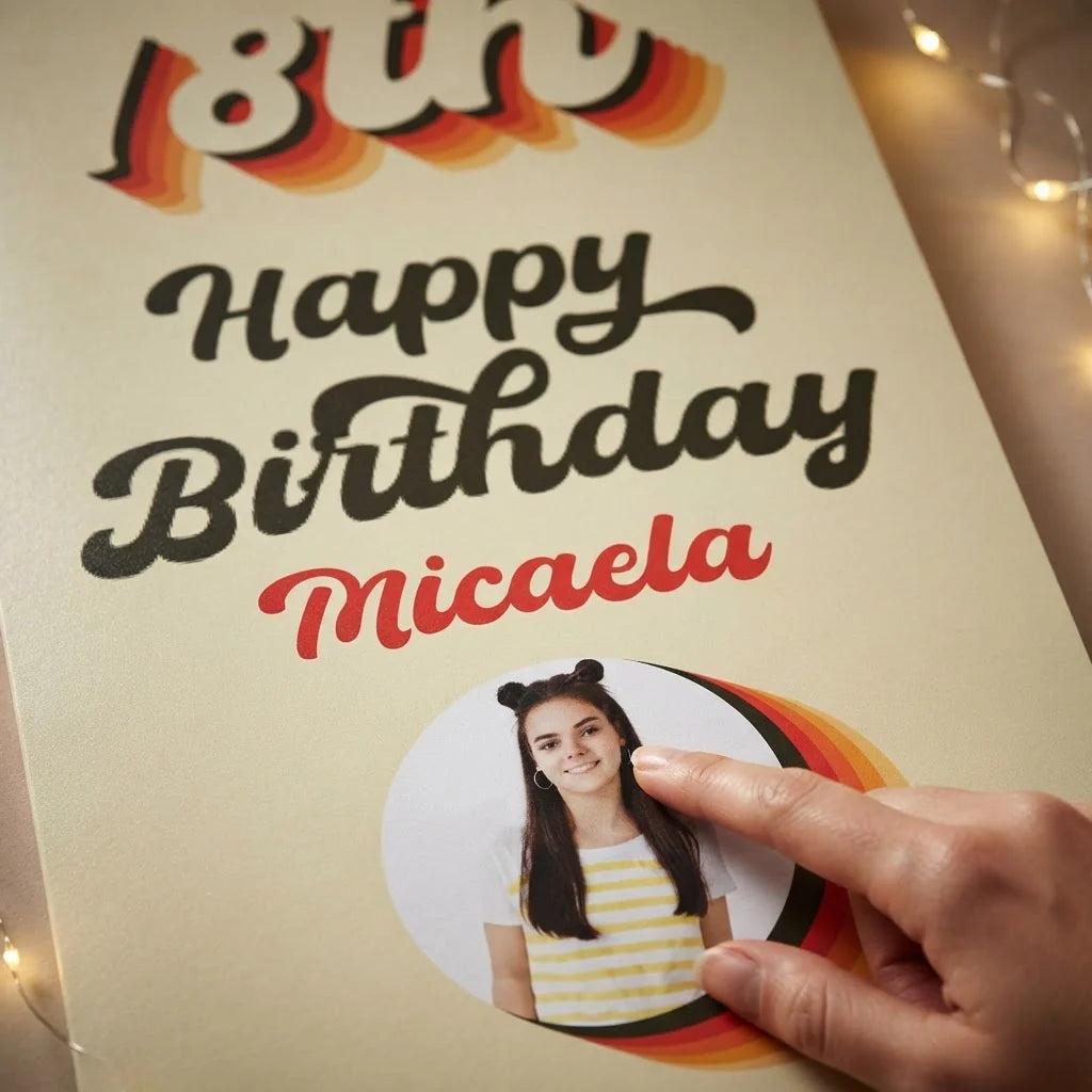 Close-up of the personalised name and photo printed on the Retro Colors Theme Birthday Party Mega Card