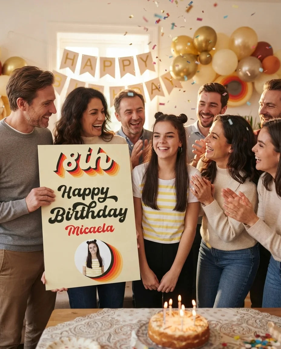 Friends and family celebrating with the personalised Retro Colors Theme Birthday Party Mega Card
