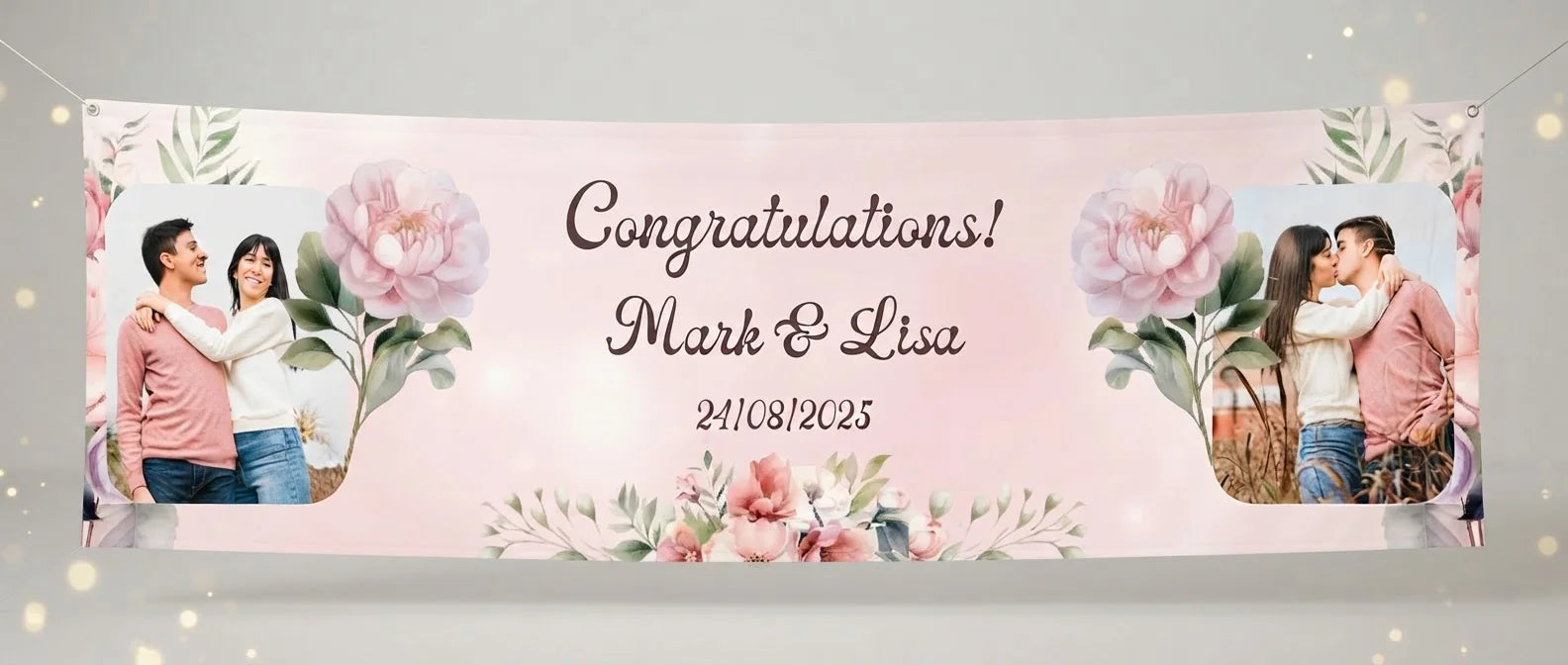 Personalised Rose Gold and Blush Pink Theme Wedding Banner displayed against a plain studio background