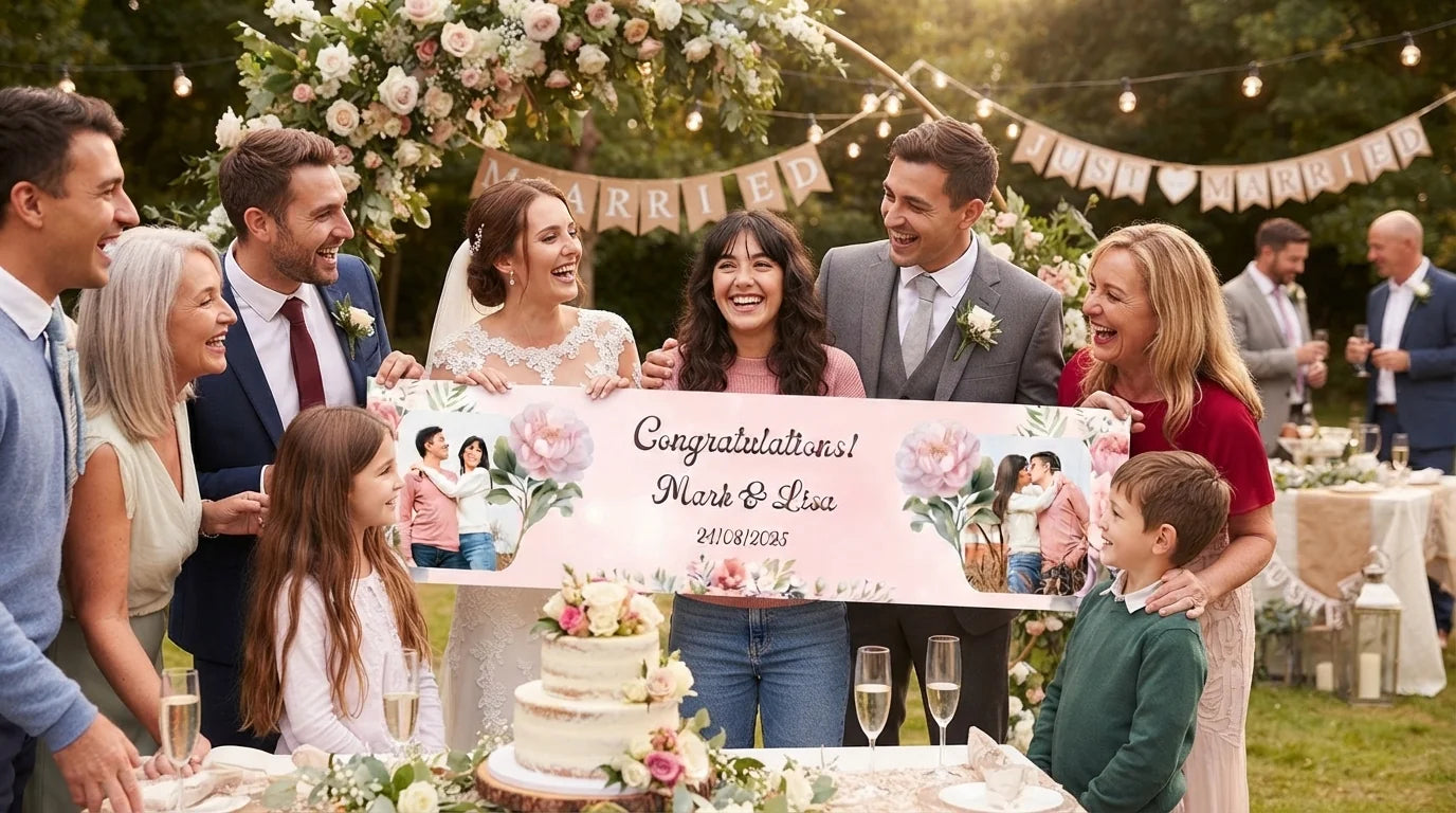 Friends and family celebrating with the personalised Rose Gold and Blush Pink Theme Wedding Banner