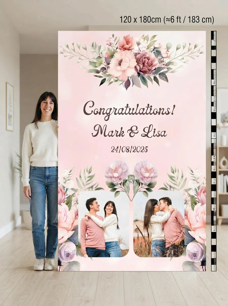 Person standing beside the Rose Gold and Blush Pink Theme Wedding Mega Card for scale in a size guide