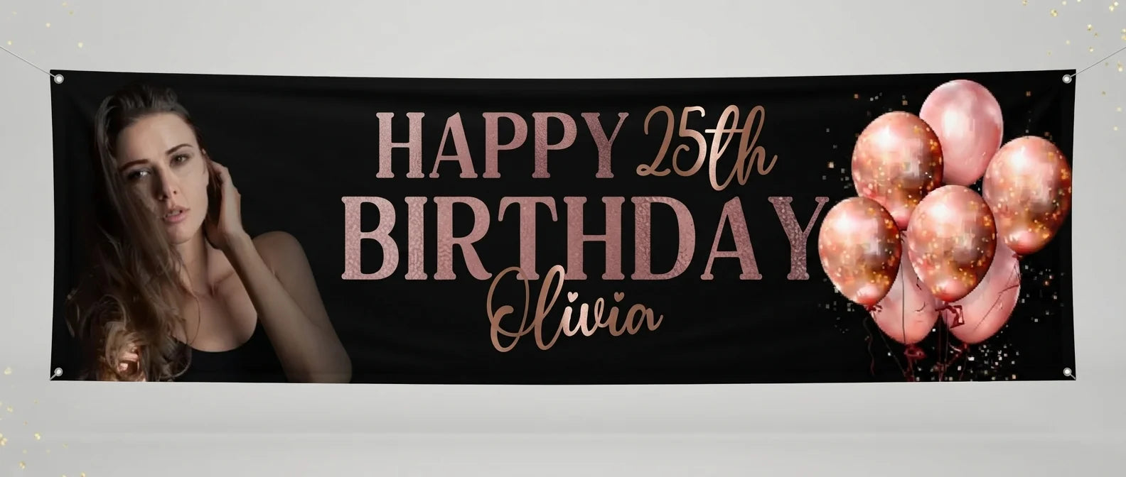 Personalised Rose Gold Black Theme Birthday Party Banner displayed against a plain studio background