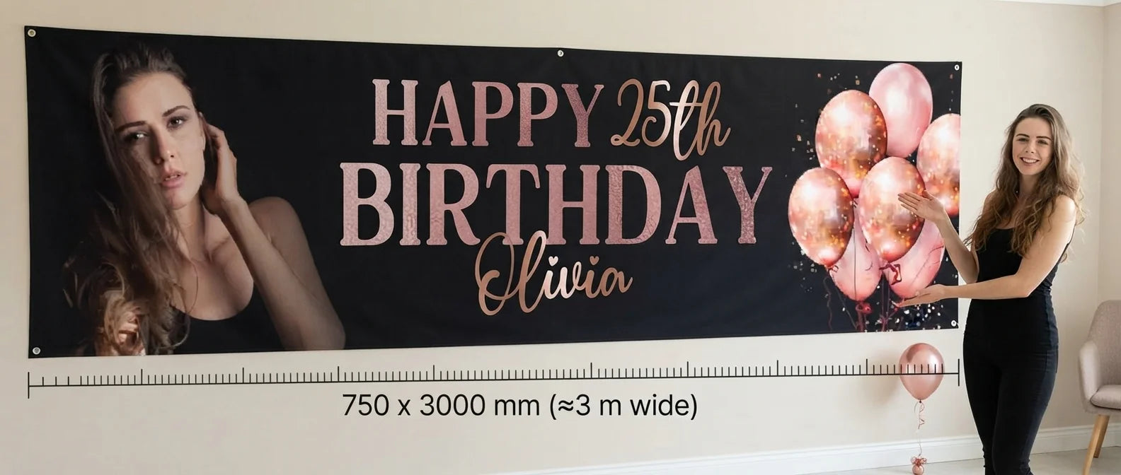 Person standing beside the Rose Gold Black Theme Birthday Party Banner for scale, with size guide showing 750 x 3000 mm