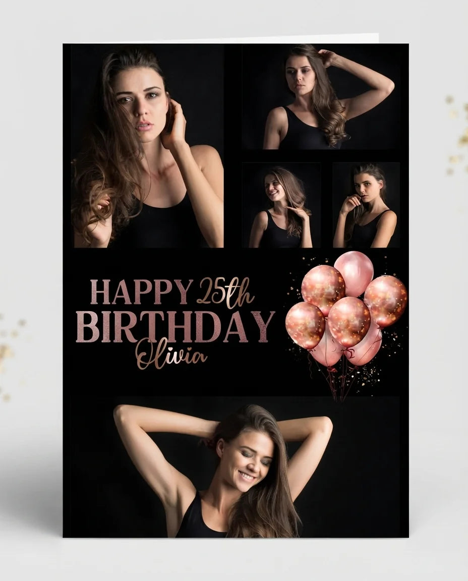 Personalised Rose Gold Black Theme Birthday Party Mega Card displayed against a plain studio background
