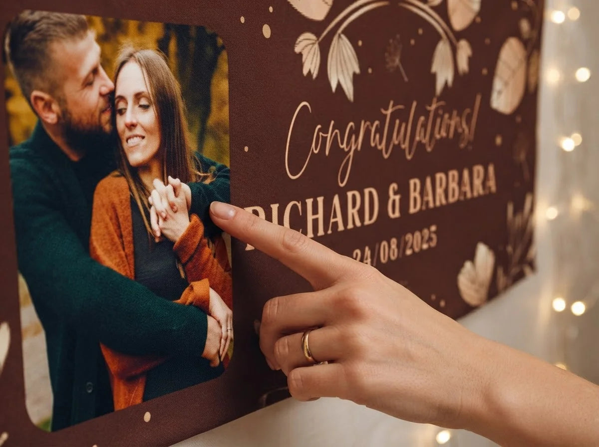 Close-up of the personalised name and photo printed on the Rose Gold Leaves Foil Wedding Banner