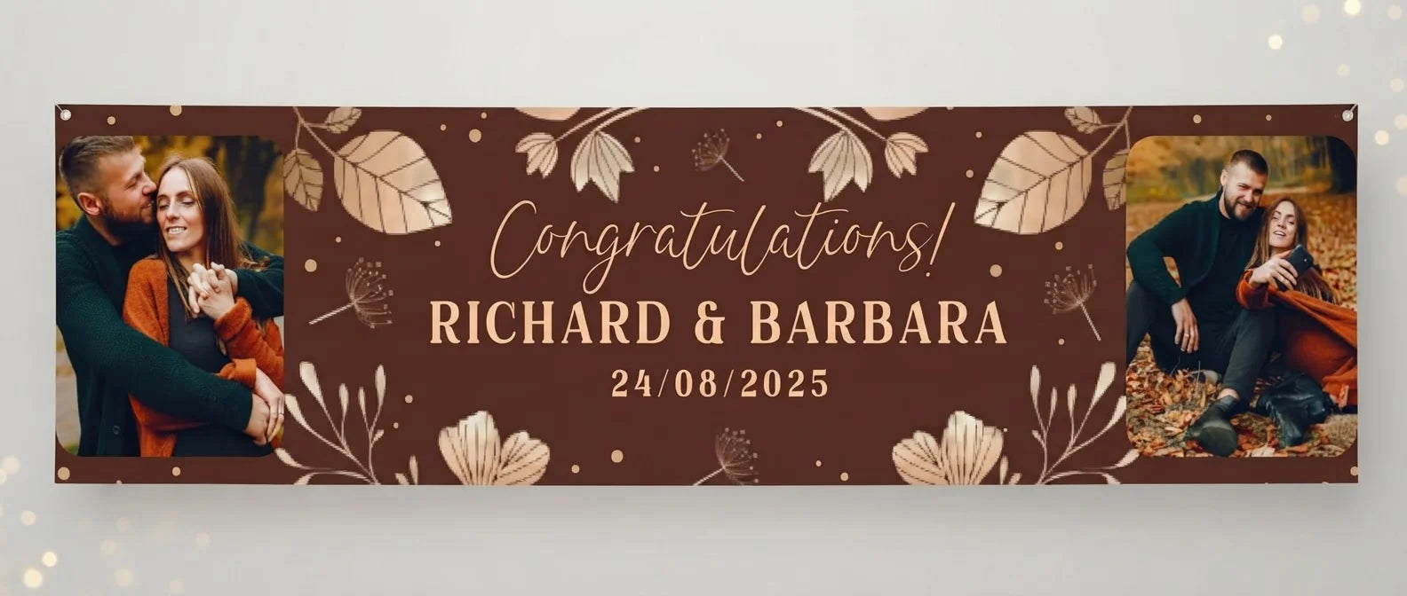 Personalised Rose Gold Leaves Foil Wedding Banner displayed against a plain studio background