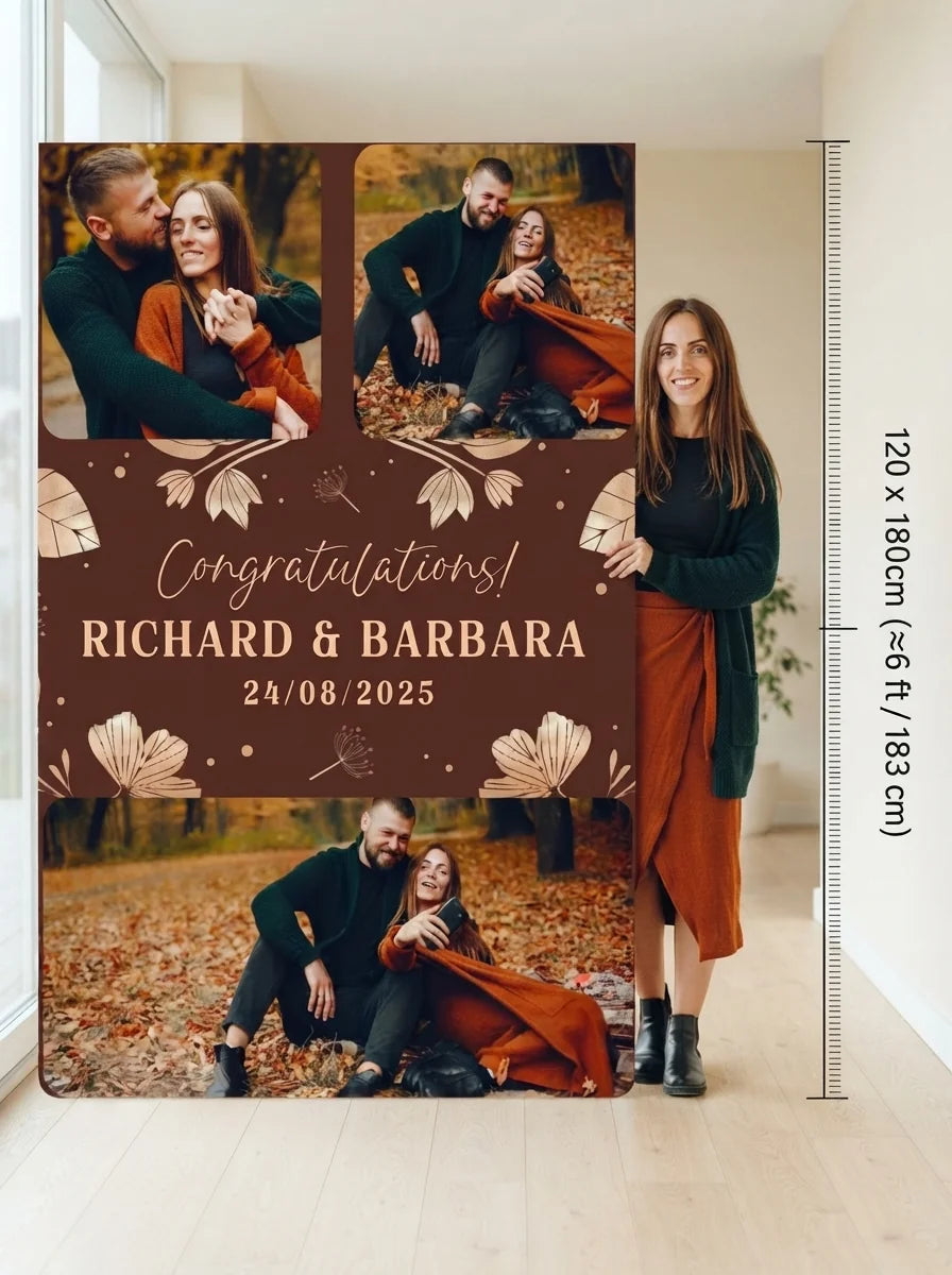Person standing beside the Rose Gold Leaves Foil Wedding Mega Card for scale in a size guide