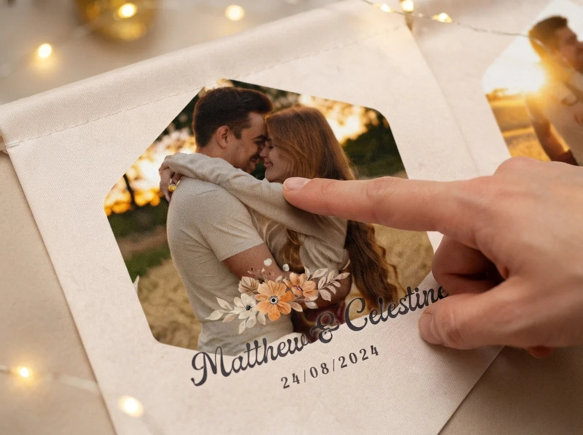 Close-up of the personalised name and photo printed on the Rustic Floral Theme Wedding Banner