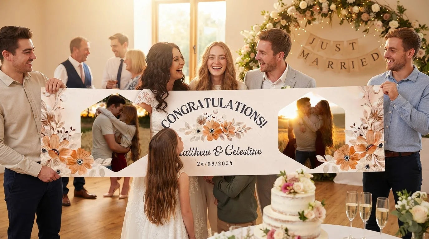 Friends and family celebrating with the personalised Rustic Floral Theme Wedding Banner