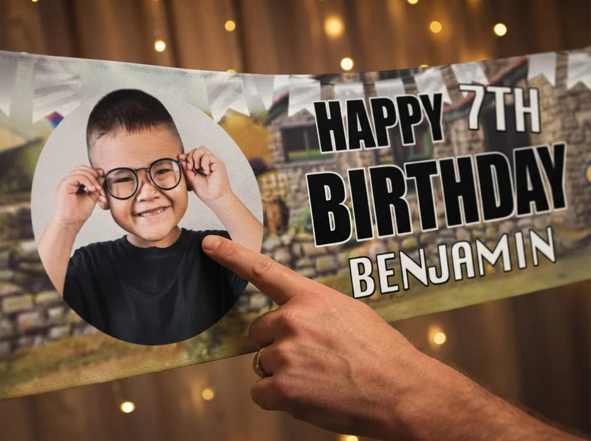 Close-up of the personalised name and photo printed on the Shaun The Sheep Birthday Banner