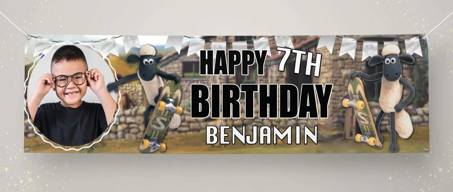Personalised Shaun The Sheep Birthday Banner displayed against a plain studio background