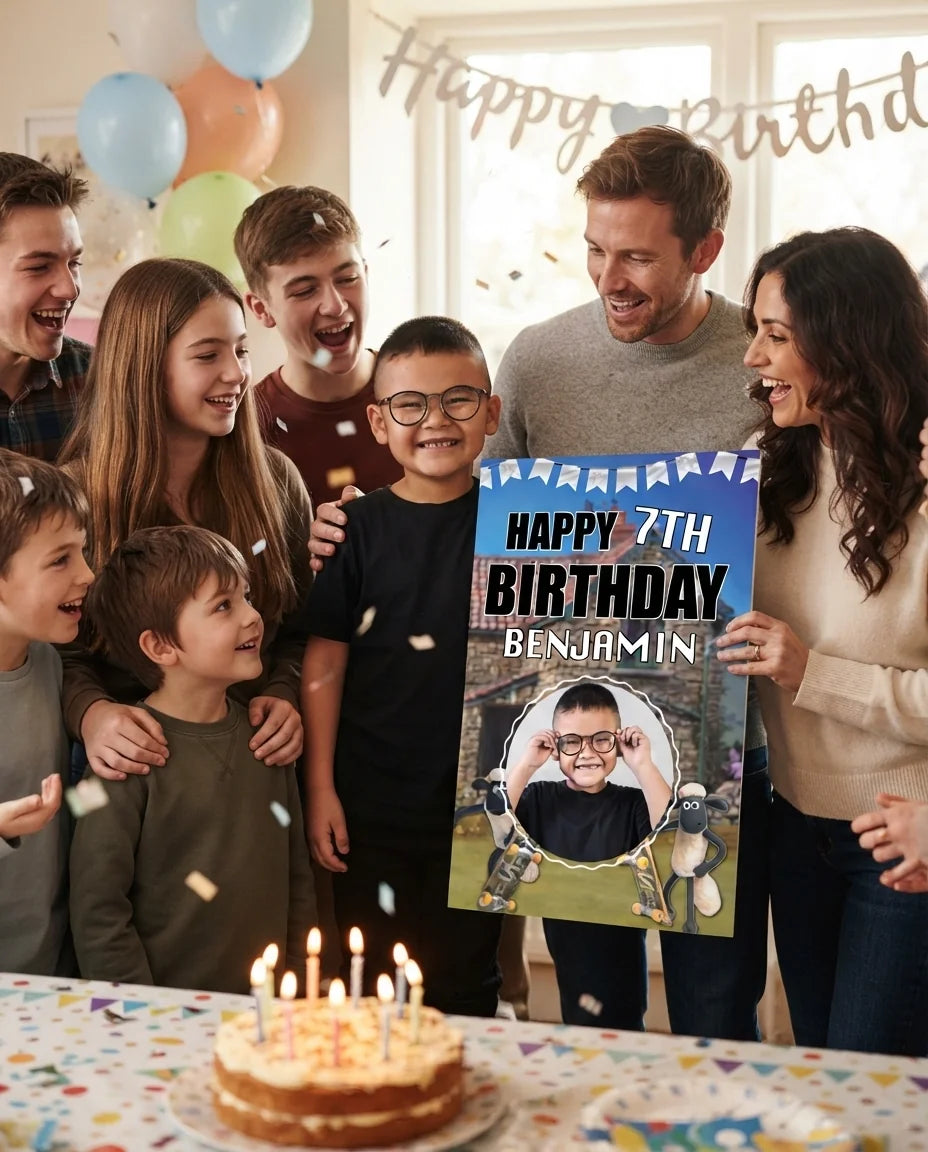 Friends and family celebrating with the personalised Shaun The Sheep Mega Card