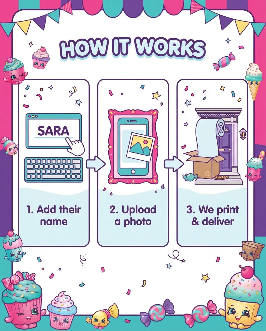 How it works: add a name, upload a photo, and we print and deliver the Shopkins Mega Card