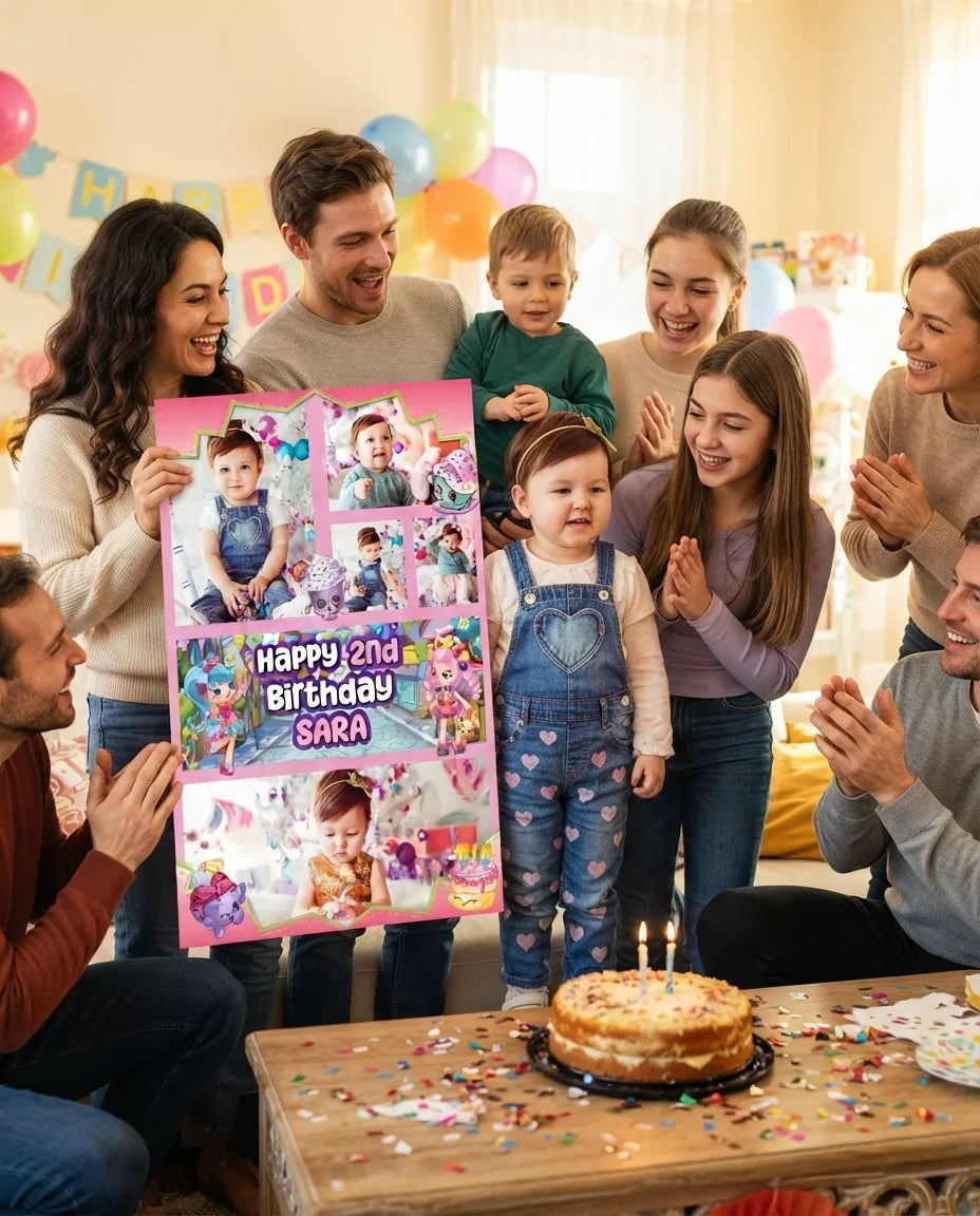 Friends and family celebrating with the personalised Shopkins Mega Card