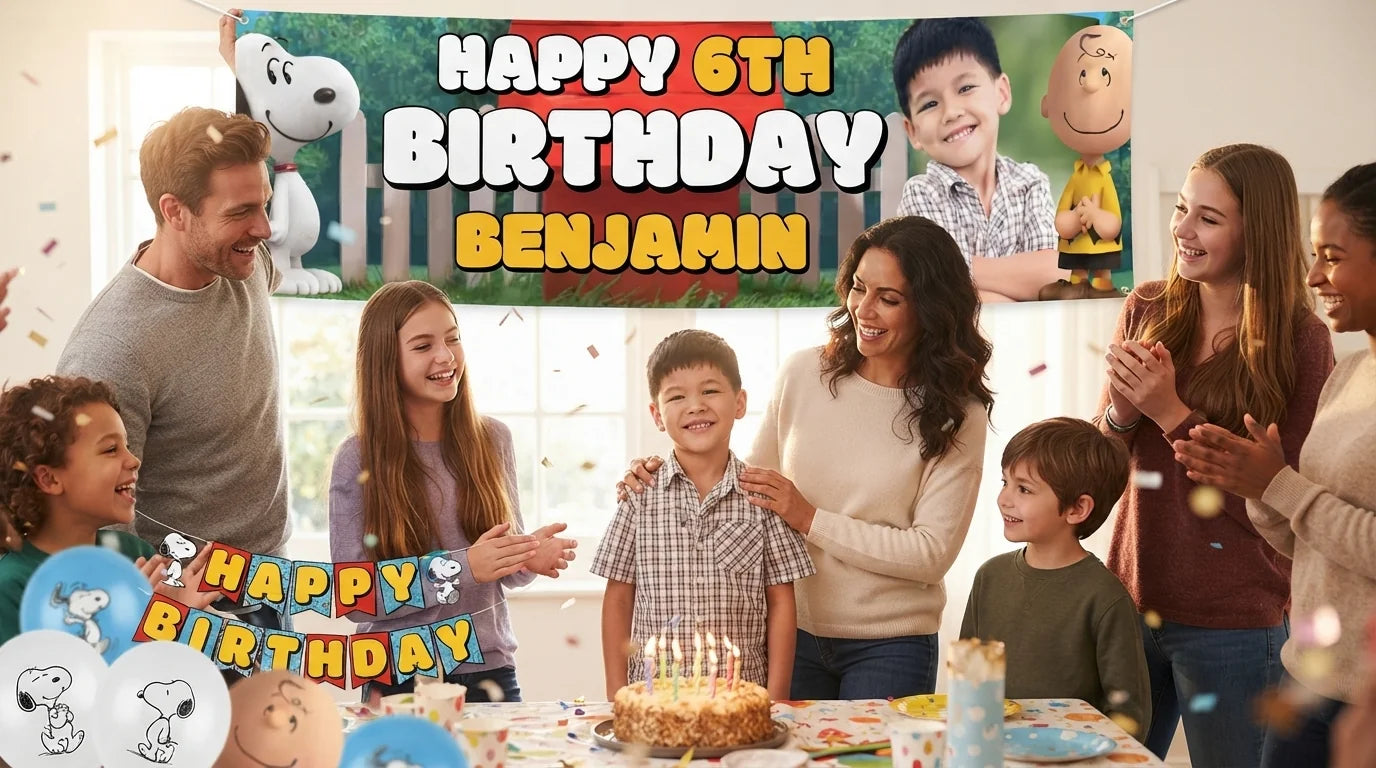 Friends and family celebrating with the personalised Snoopy Birthday Banner