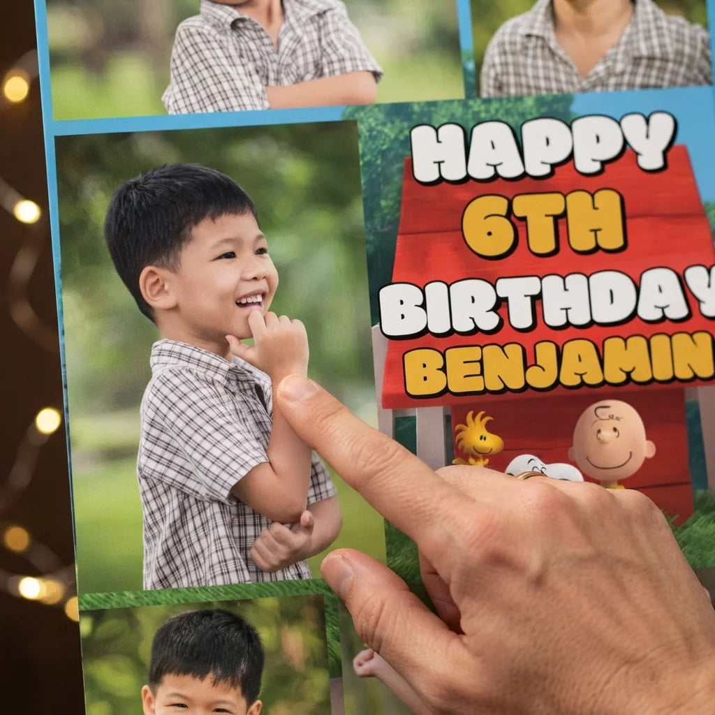 Close-up of the personalised name and photo printed on the Snoopy Mega Card