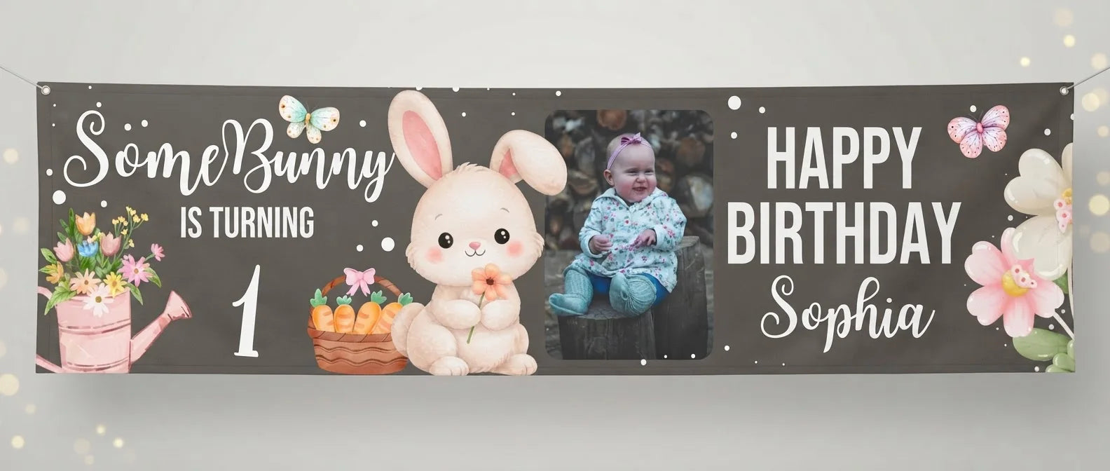 Personalised Some Bunny is Turning 1 Birthday Party Banner displayed against a plain studio background