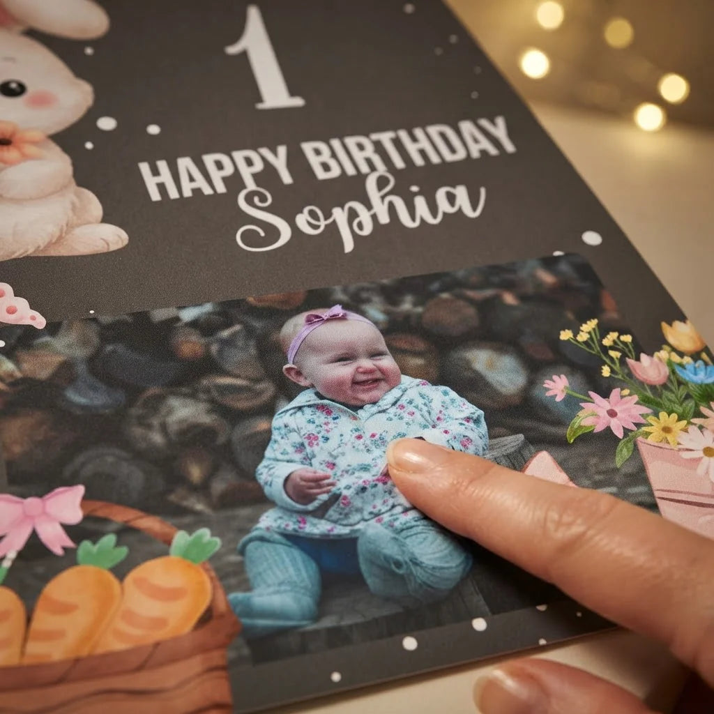 Close-up of the personalised name and photo printed on the Some Bunny Just Turned 1 Birthday Party Mega Card