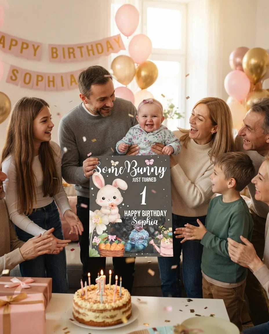 Friends and family celebrating with the personalised Some Bunny Just Turned 1 Birthday Party Mega Card