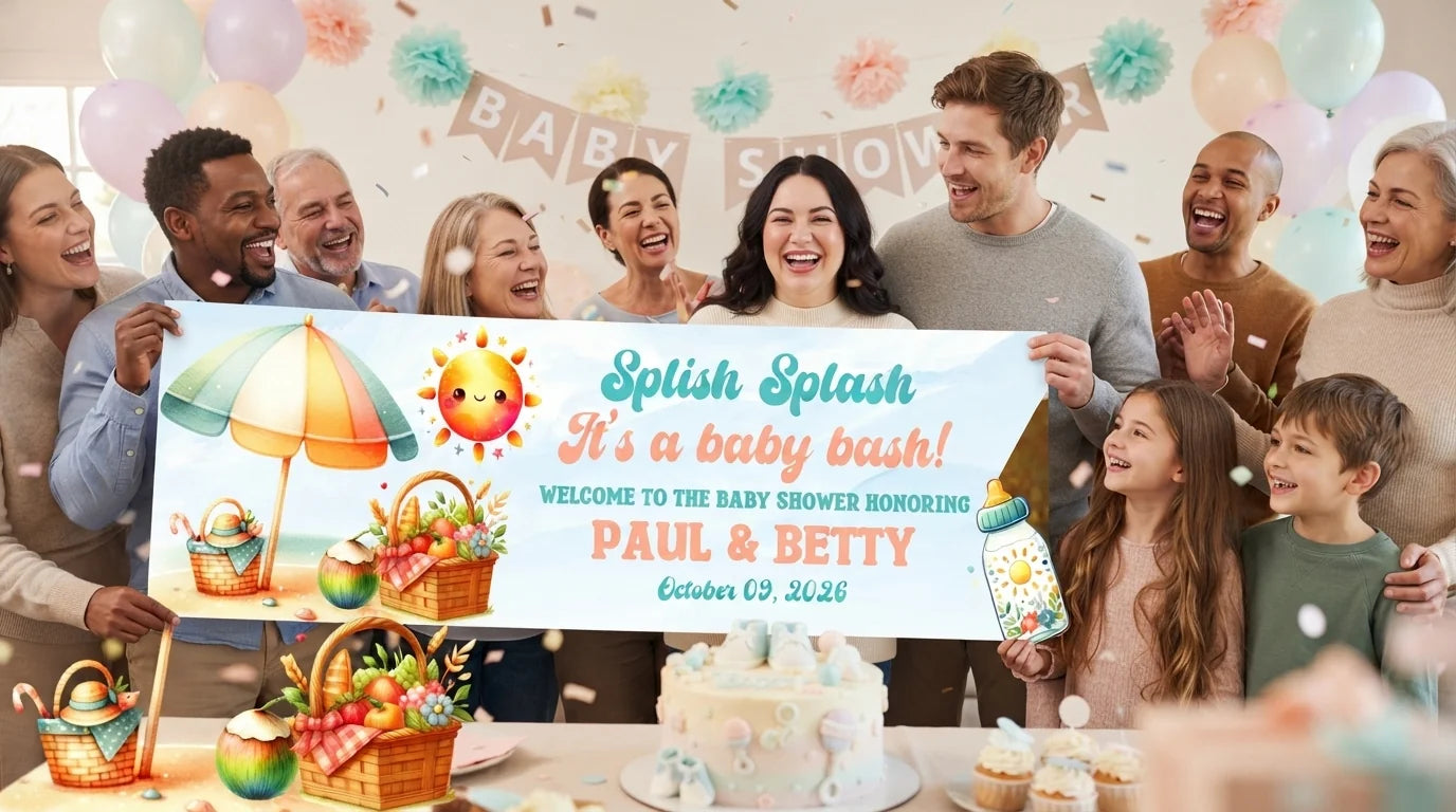 Friends and family celebrating with the personalised Splish Splash It’s A Baby Bash Party Banner