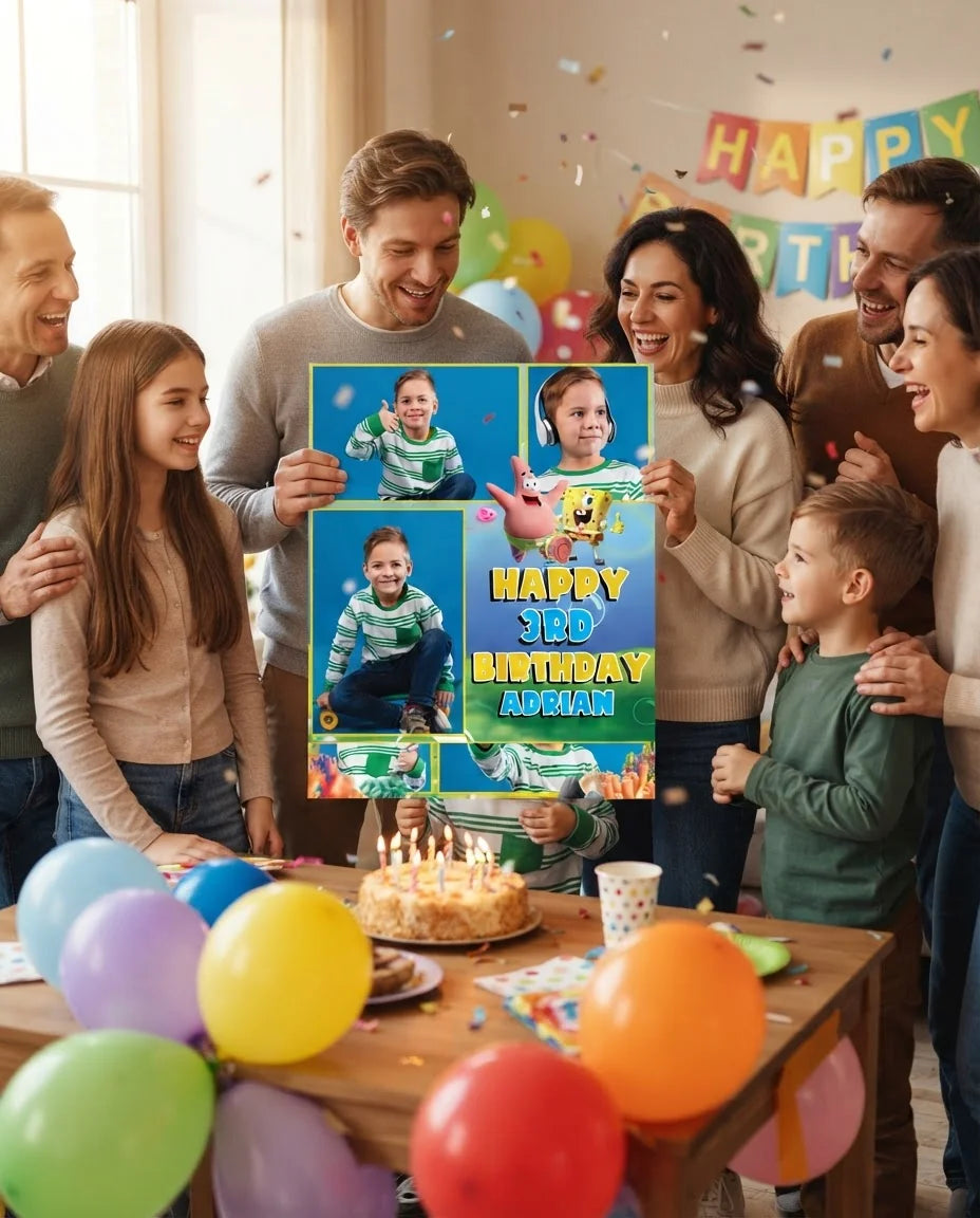 Friends and family celebrating with the personalised Spongebob Mega Card