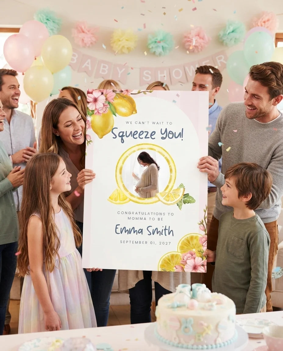 Friends and family celebrating with the personalised Squeeze You Baby Shower Party Mega Card