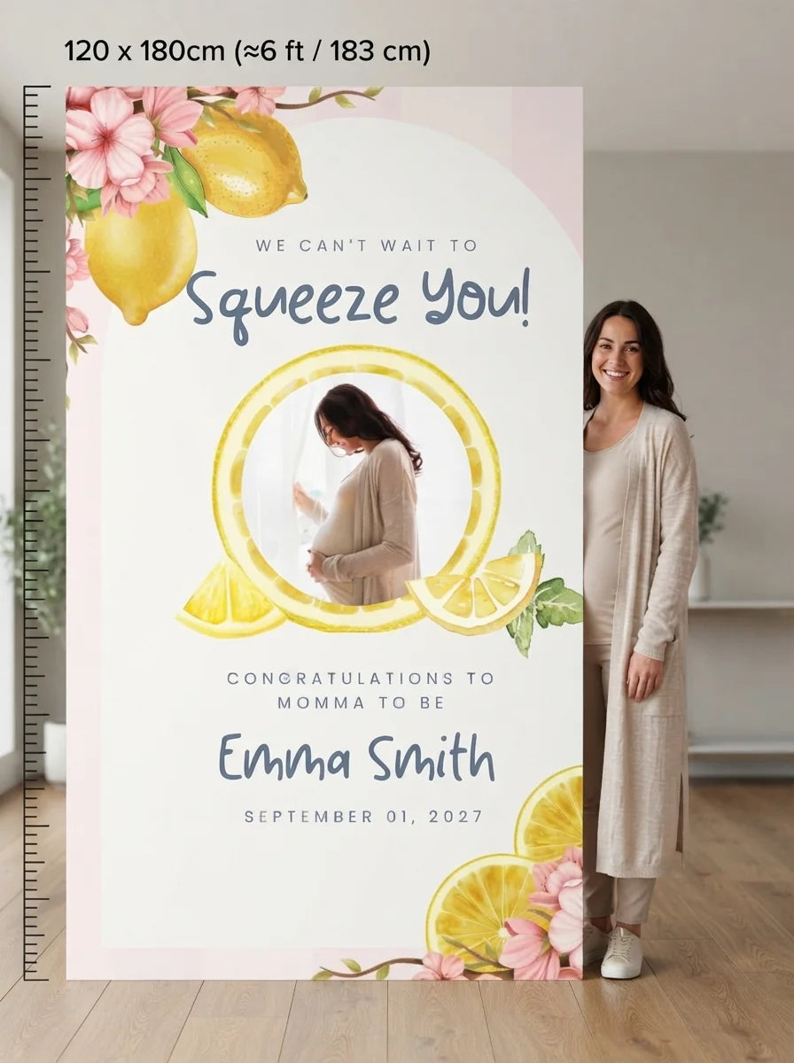 Person standing beside the Squeeze You Baby Shower Party Mega Card for scale in a size guide