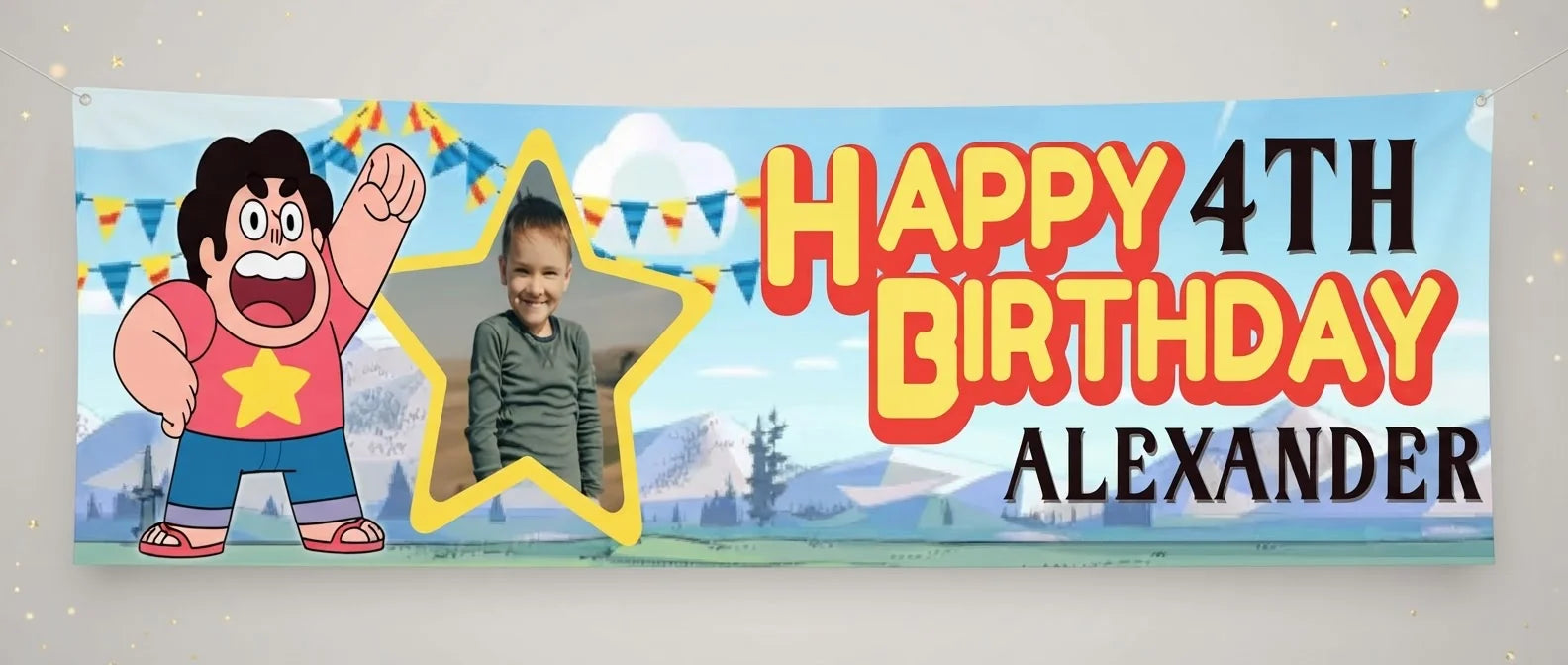Personalised Steven Universe Birthday Banner displayed against a plain studio background
