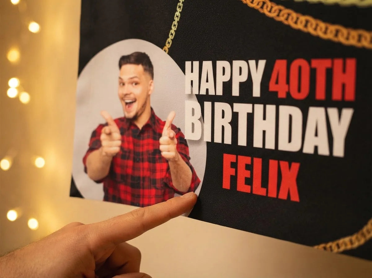 Close-up of the personalised name and photo printed on the Straight Outta 1980 Birthday Party Banner
